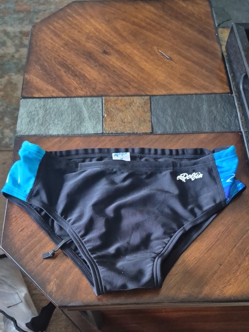 Dolfin Black Swim Brief with Bright Blue Marble Side Panels Waist 30 Small Nwot